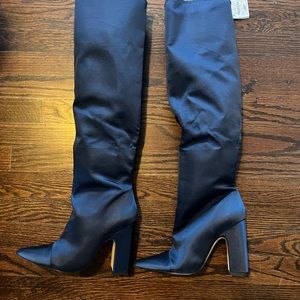 Zara blue sateen knee boots. 7.5 Brand new with tags and in duster bag!